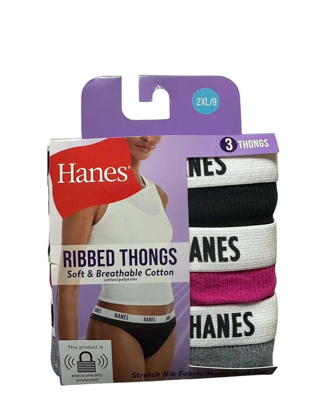 Hanes Women's Ribbed Cotton Thong Underwear 3-Pack Size 2XL/9